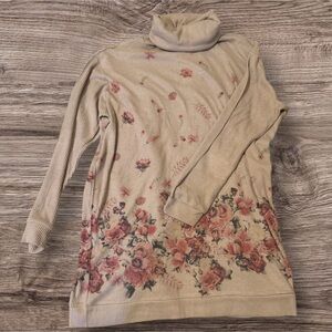 Phil Love Floral Print Tunic Dress Top Beige Pink Roses Ribbed Knit Medium NWT